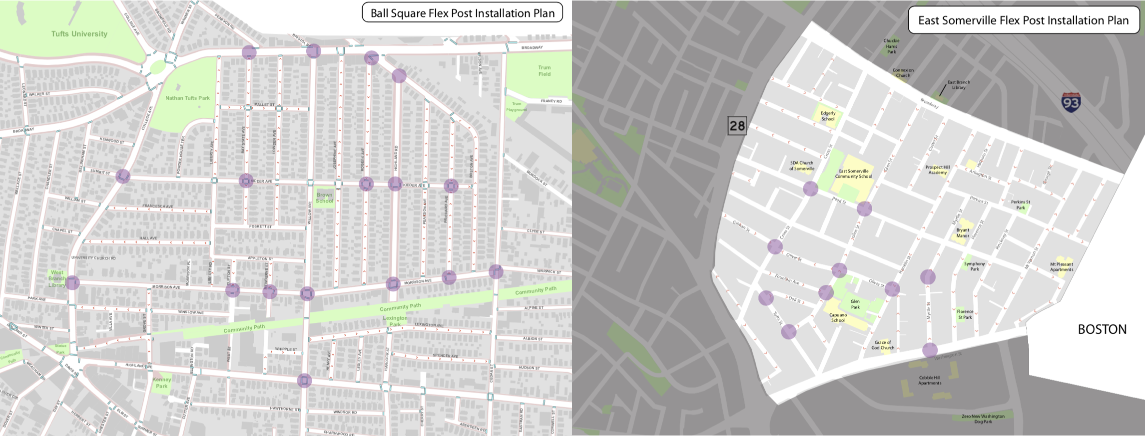 Map of flex posts installed in East Somerville and Ball Sq.