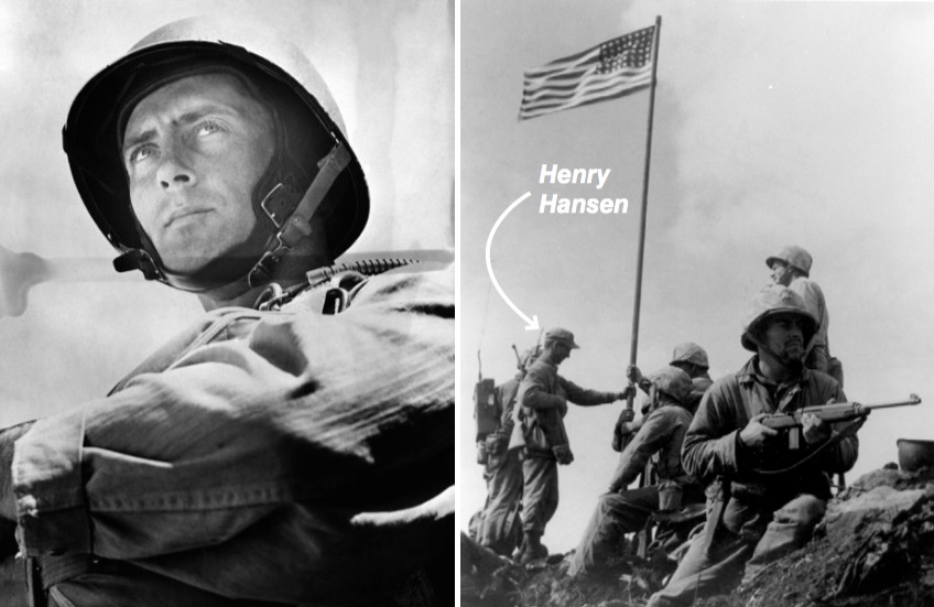 Henry Hansen stands at the raising of the US flag over Iwo Jima