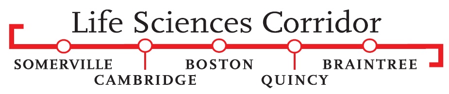 The Life Science Corridor logo, emulating an MBTA map with the participating cities, is displayed.