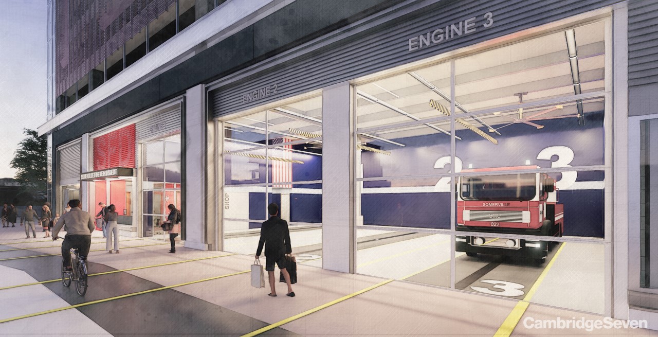 Concept rendering shows a large, glass-front fire engine bay as planned for Assembly Fire Station