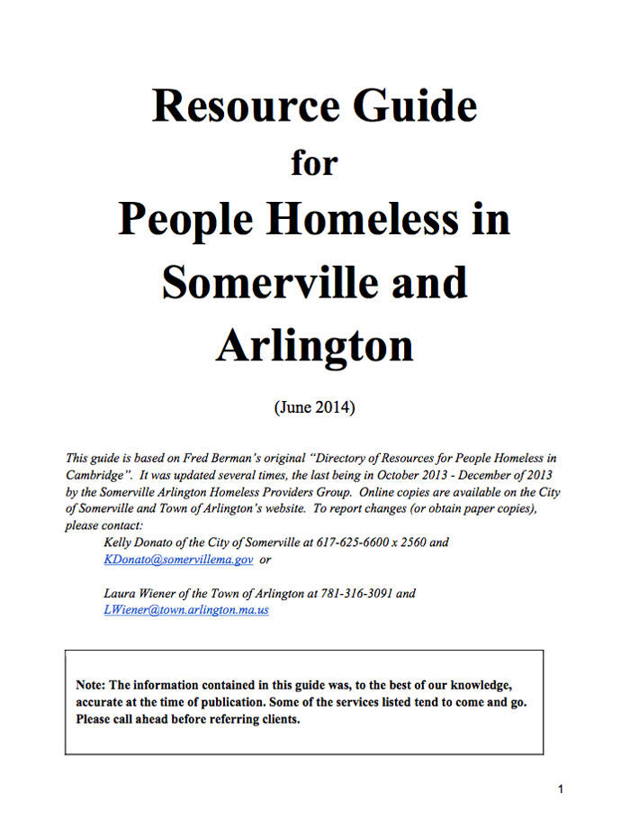 PDF preview links to Resource Guide for People Homeless in Somerville and Arlington