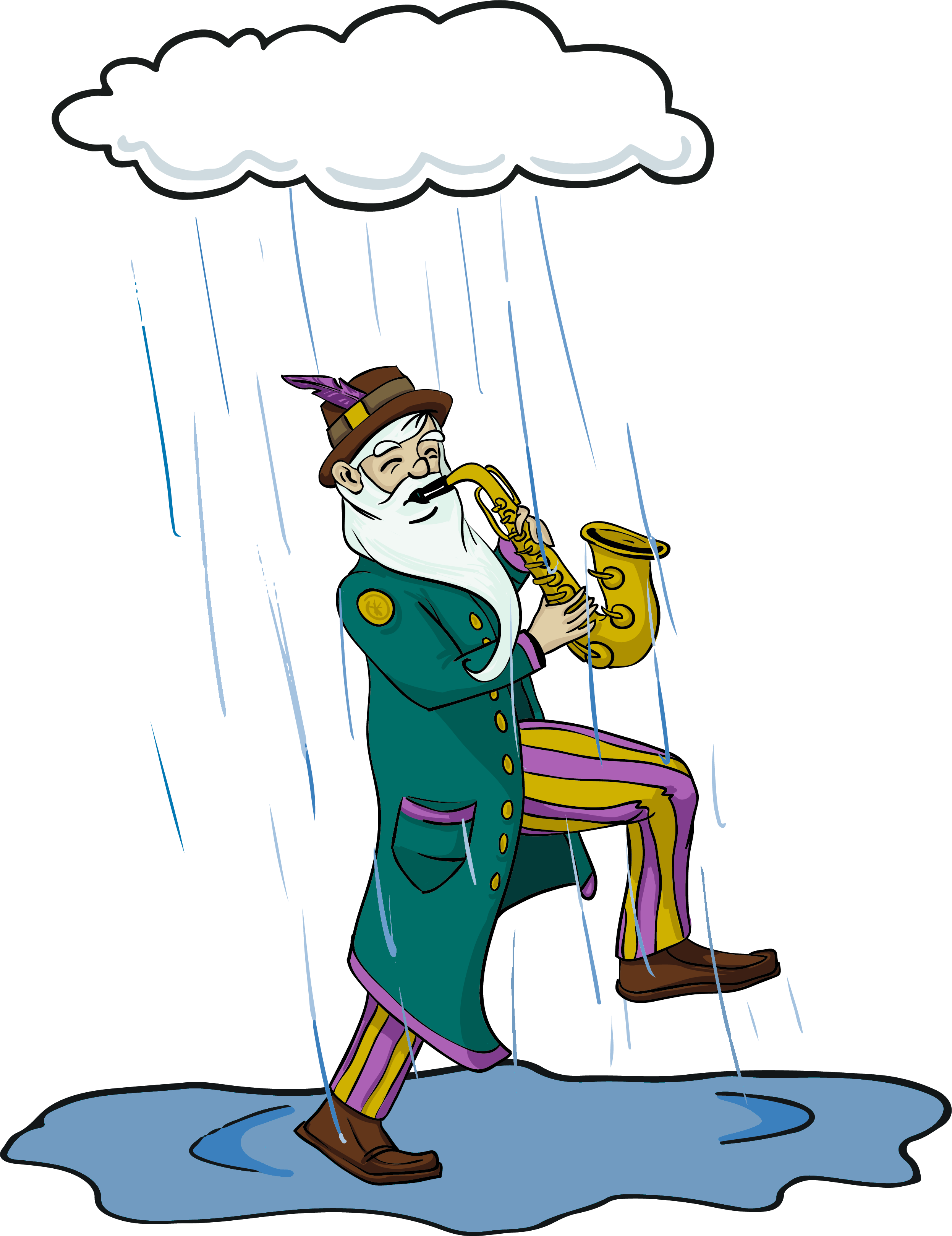 Cartoon HONK performer plays sax in the rain