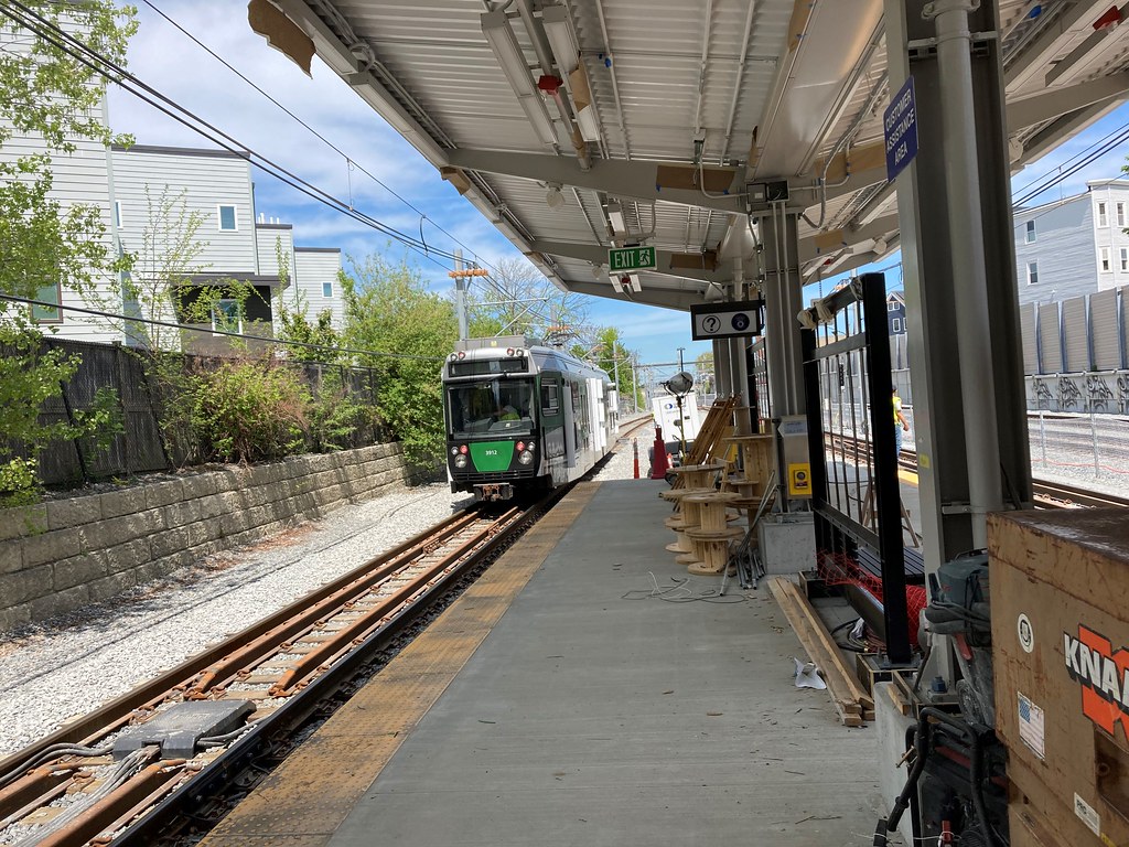 GLX test trolley arrives at Magoun Square Station