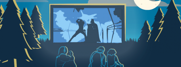 Illustration of people watching an outdoor movie at night