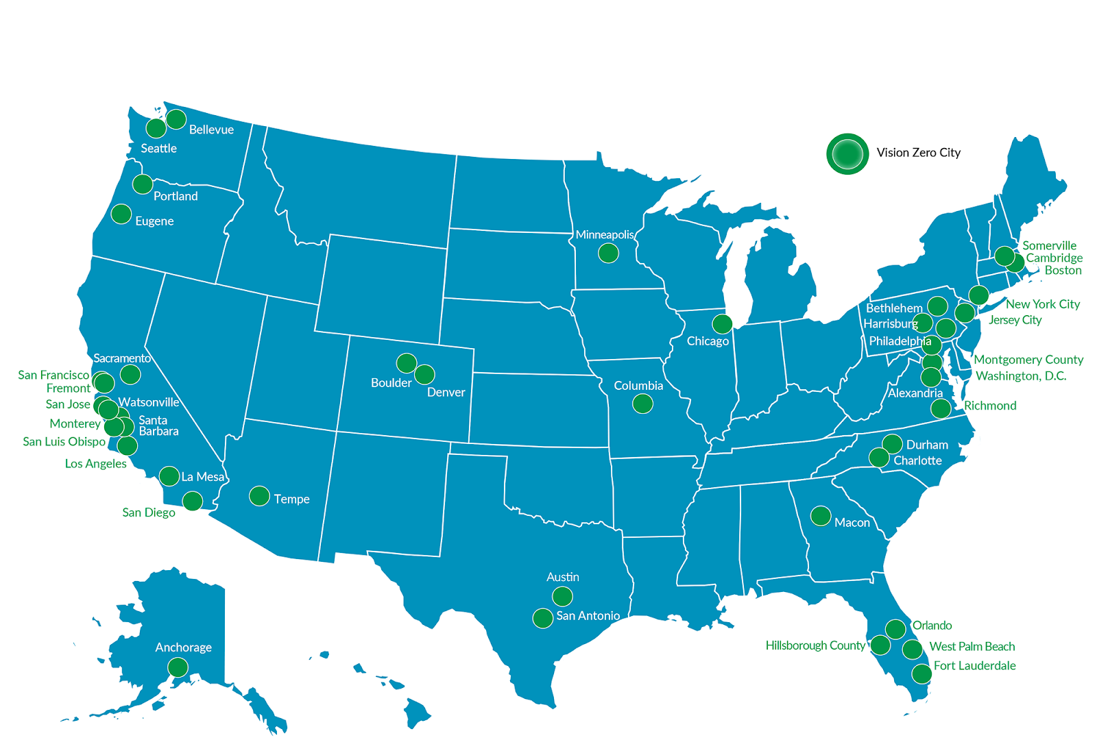 Vision Zero cities include Somerville, Boston, Philadelphia, New York City, Charlotte, Austin, Denver, LA, Portland, and more